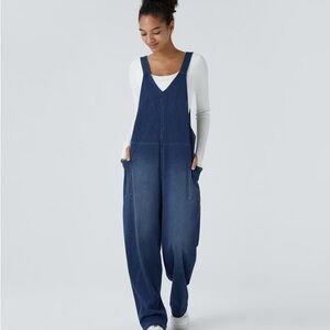 Halara Flex™ V Neck Side Pocket Washed Stretchy Denim Casual Overalls Size Med.